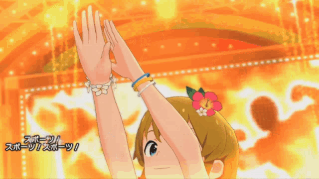 a girl with a flower in her hair is wearing a necklace that says ' a ' on it