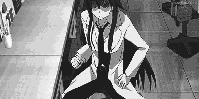 a black and white drawing of a girl in a lab coat and tie sitting on a chair .