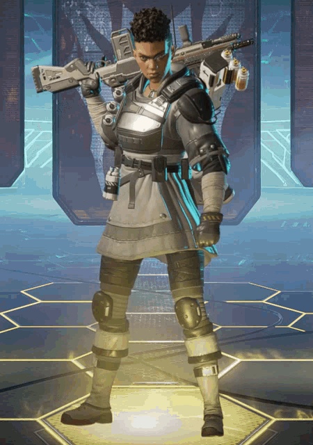 a video game character holding a rifle with the word apex on the side