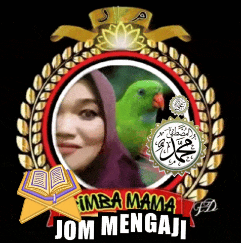 a picture of a woman with a green parrot and the words imba mama jom mengaji on the bottom