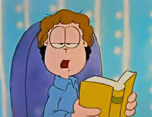 a cartoon character is reading a book and making a funny face