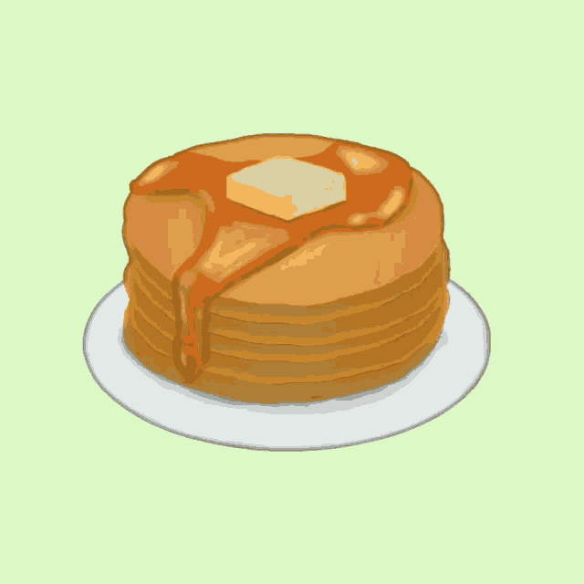 a stack of pancakes on a plate with syrup and butter