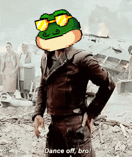 a man with a frog head and sunglasses says dance off bro !