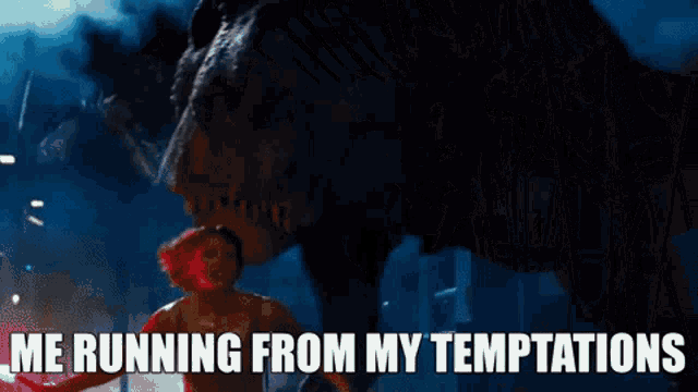 a woman is running from a dinosaur with the words me running from my temptations below her