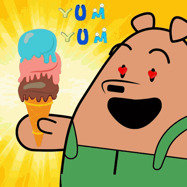 a cartoon bear is holding an ice cream cone with the words yum yum written on it