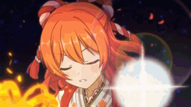 a girl with red hair and a kimono is standing in front of a fireball .
