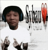 a man wearing headphones and a white shirt with sybeau written on the front