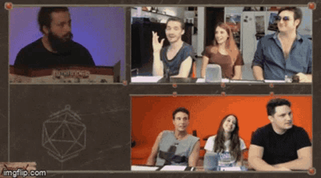 a group of people are sitting around a table with a d20 on the table