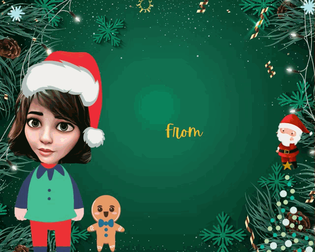 a girl in a santa hat is standing next to a gingerbread man and a christmas tree