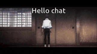 a man in a white shirt is standing in a dark room with the words hello chat written above him