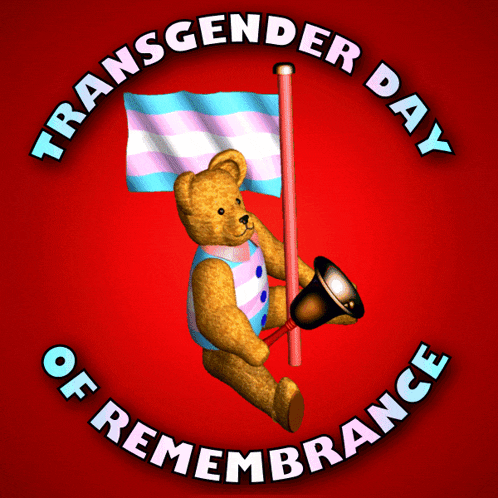transgender day of remembrance poster with a teddy bear holding a flag and bell