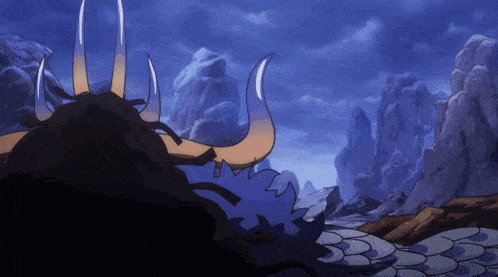 a cartoon drawing of a monster with horns and a blue sky in the background