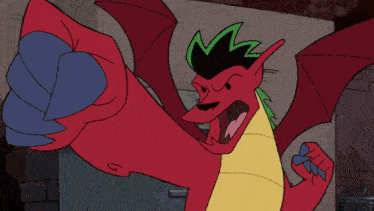 a cartoon of a red dragon with a green lightning bolt on its head