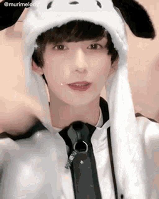 a young man wearing a bunny hat and tie is looking at the camera .