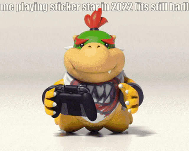 a cartoon character holding a video game controller with the caption me playing sticker star in 2022