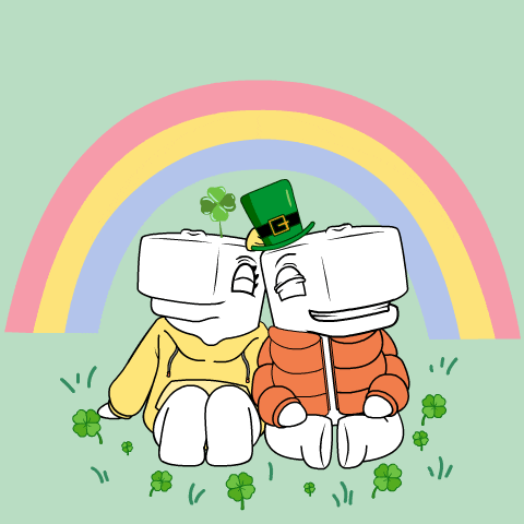 a happy st. patrick 's day greeting card with two cartoon characters sitting under a rainbow