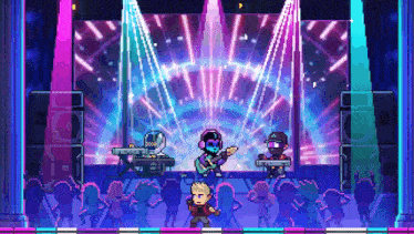 a pixel art illustration of a band playing on a stage .