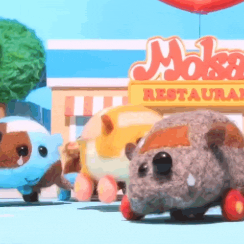 three stuffed animals are in front of a restaurant sign