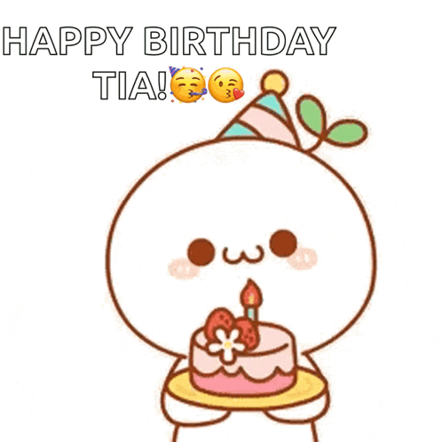 a cartoon character blowing out a candle on a cake that says happy birthday tia !
