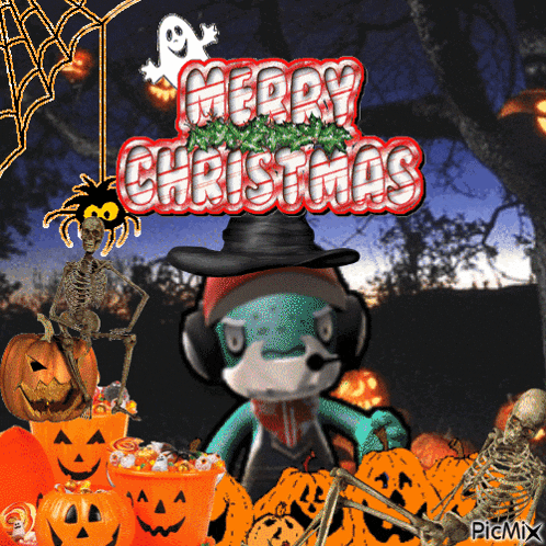 a merry christmas greeting card with a skeleton spider and pumpkins