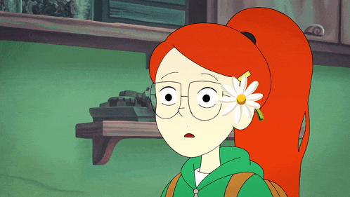 a cartoon character with red hair and glasses has a flower in her hair