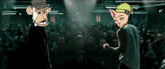 a cartoon of a monkey and a cat standing in front of a crowd with the words welcome to slims crazy world tumblr below them