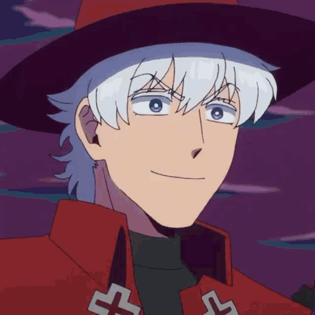 a cartoon character with white hair and blue eyes wearing a red hat