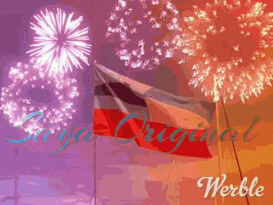 a fireworks display with a flag in the foreground and the words " werble " below it