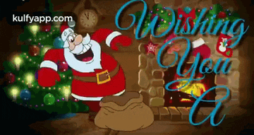 a cartoon of santa claus standing next to a fireplace with the words wishing you a written on the bottom