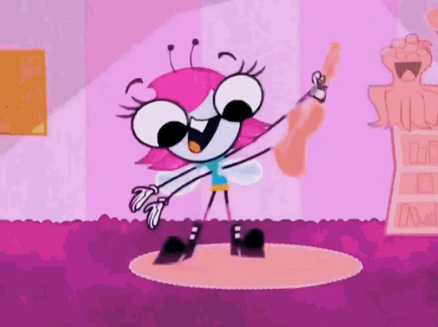 a cartoon character with pink hair is holding a guitar and a pair of scissors
