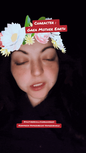 a woman with a flower crown on her head says character gaea mother earth in red letters