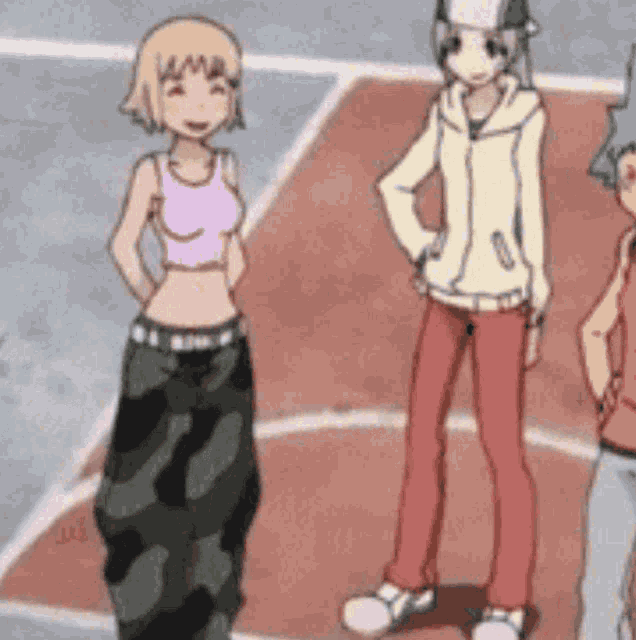 three anime characters are standing on a basketball court .