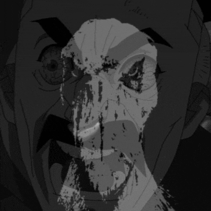 a black and white drawing of a man 's face with blood on it