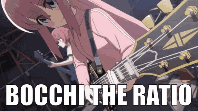 a girl in a pink shirt is playing a guitar with the words bocch the ratio written below her
