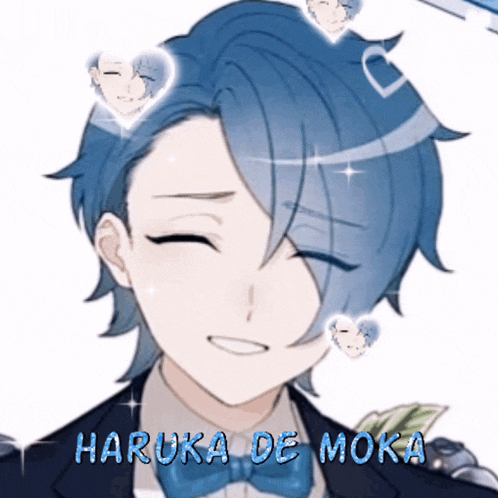a picture of a boy with blue hair and the name haruka de moka