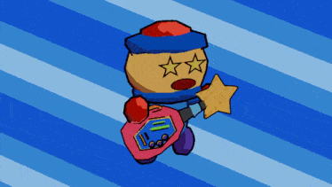 a cartoon character with stars on his eyes holding a guitar