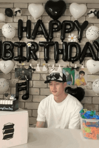 a man is sitting in front of a wall with balloons that say happy birthday