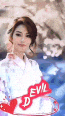 a woman in a white kimono with the word devil on her sleeve