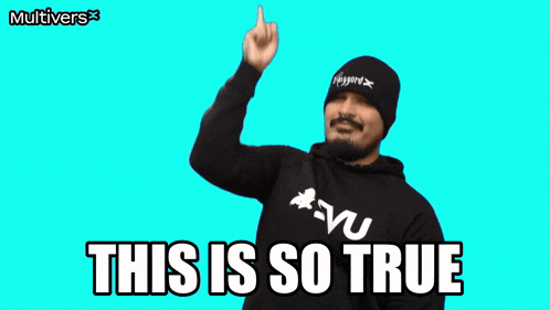 a man wearing a hoodie that says " this is so true " is pointing up