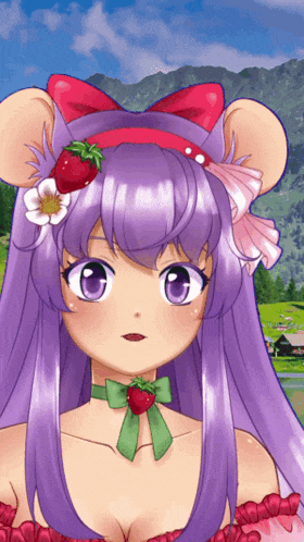 a girl with purple hair and a strawberry headband
