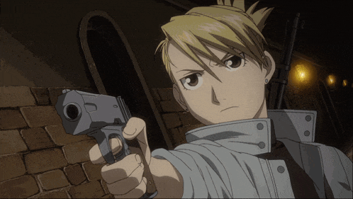 a woman is pointing a gun at the camera with a brick wall behind her