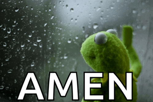a kermit the frog is looking out a window with the word amen behind him