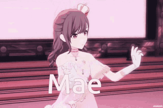 a girl with a crown on her head and the word mae on her chest