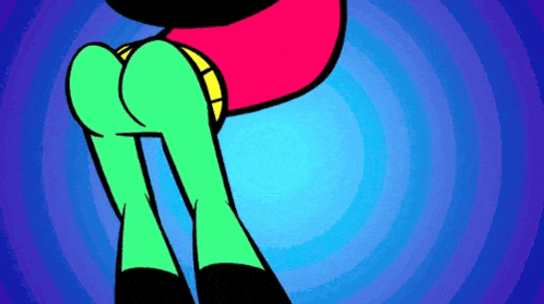 a cartoon character with a red cape and green pants is standing in front of a blue background .