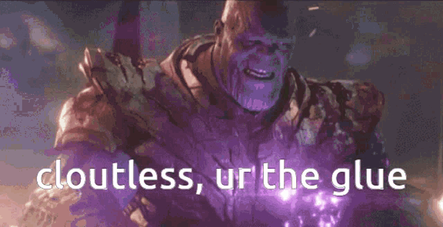 thanos from avengers infinity war is holding a purple object in his hand .