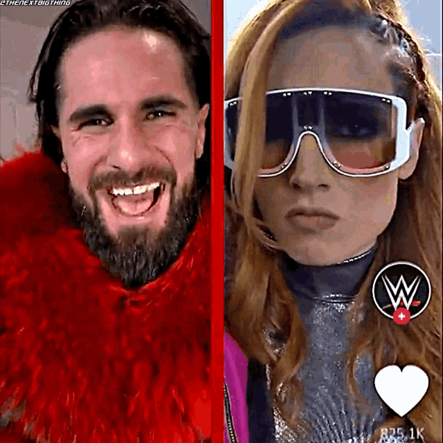 a man with a beard is smiling next to a woman wearing sunglasses and a w logo