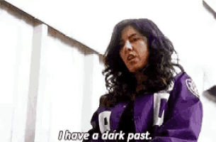 a woman in a purple jacket says `` i have a dark past . ''