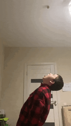 a man in a plaid shirt is looking up at something