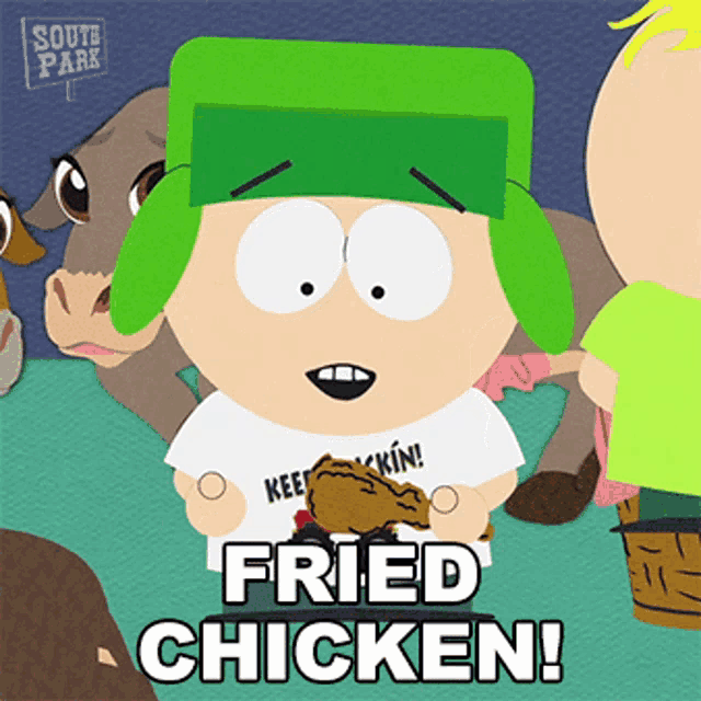 a south park character eating fried chicken in front of some animals