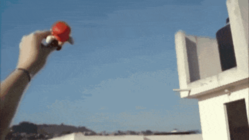 a person is throwing a toy in the air with a blue sky in the background